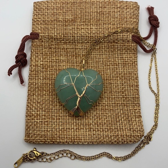 Hand Crafted Jewelry - Brand New Wire-Wrapped Green Aventurine Heart with Gold plated Chain